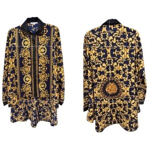 Pastel Button High-Low Gold/Black Long Sleeve Blouse Tunic Top Women Size Large